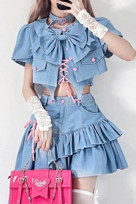 Cute Korean Denim Outfit Set - Top & Skirt