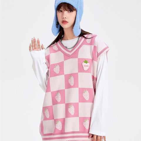 Erdbeer-V-Ausschnitt-Kawaii-Pullover