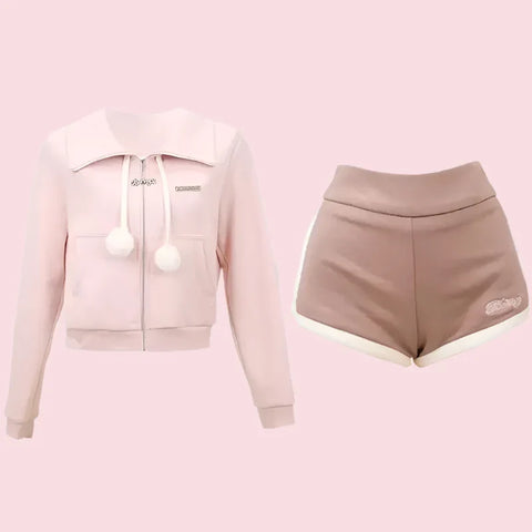 Conjunto de ropa cálida kawaii: abrigo con capucha y pantalones cortos