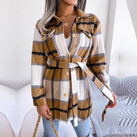 Vivian - Beige Plaid Belted Long Sleeves Coat