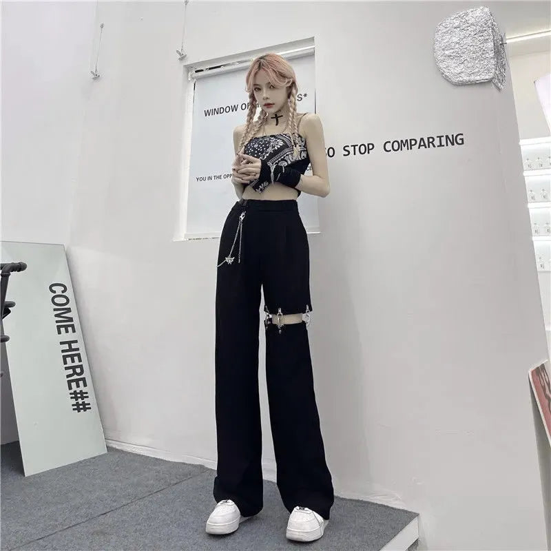 Pantalones góticos de estilo harajuku con cadena