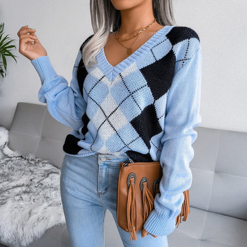 Lunetta - Blue Argyle Knitted V-Neck Sweater Top