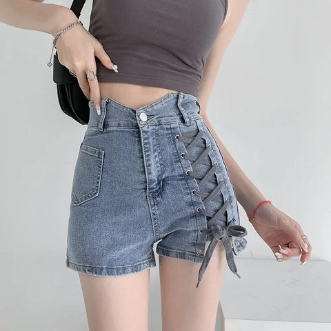 Koreanische Jeansshorts mit hoher Taille