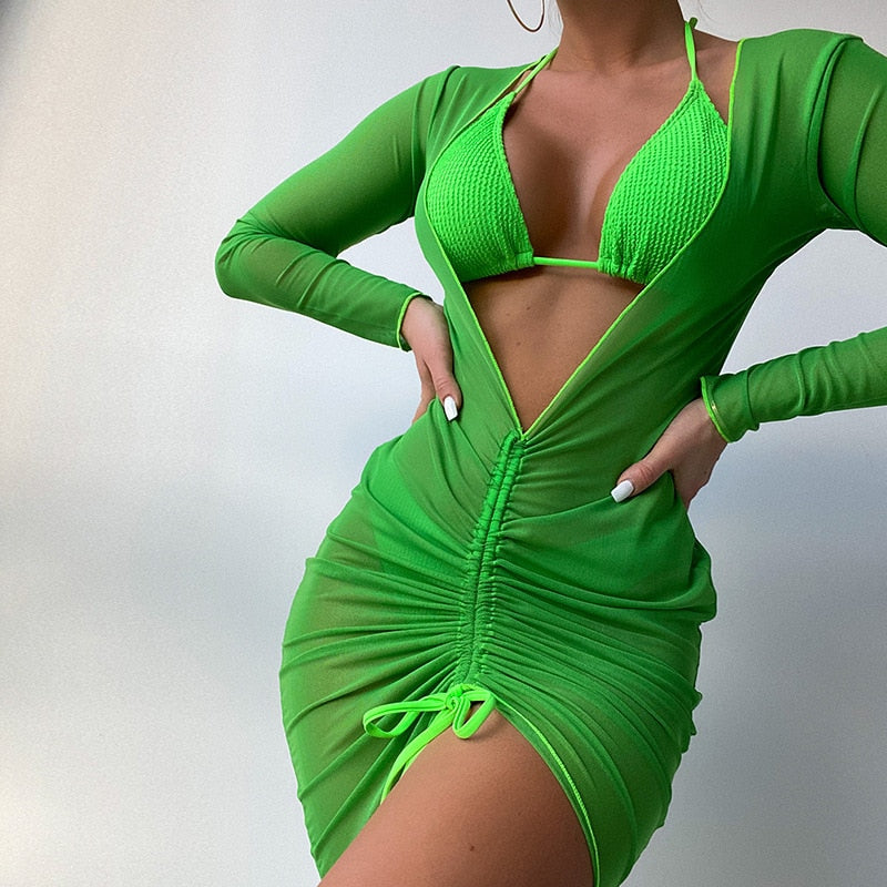 Green Three Piece Bikini With Cover Up