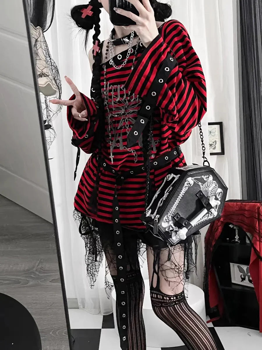 Top y calentadores de piernas a rayas estilo punk de Harajuku