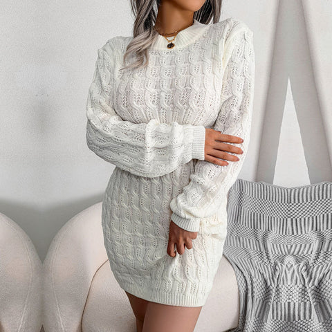 Samara - White Cable Knit Mini Sweater Dress