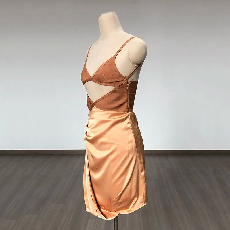 Primavera - Apricot Bandage & Satin Cut Out Dress