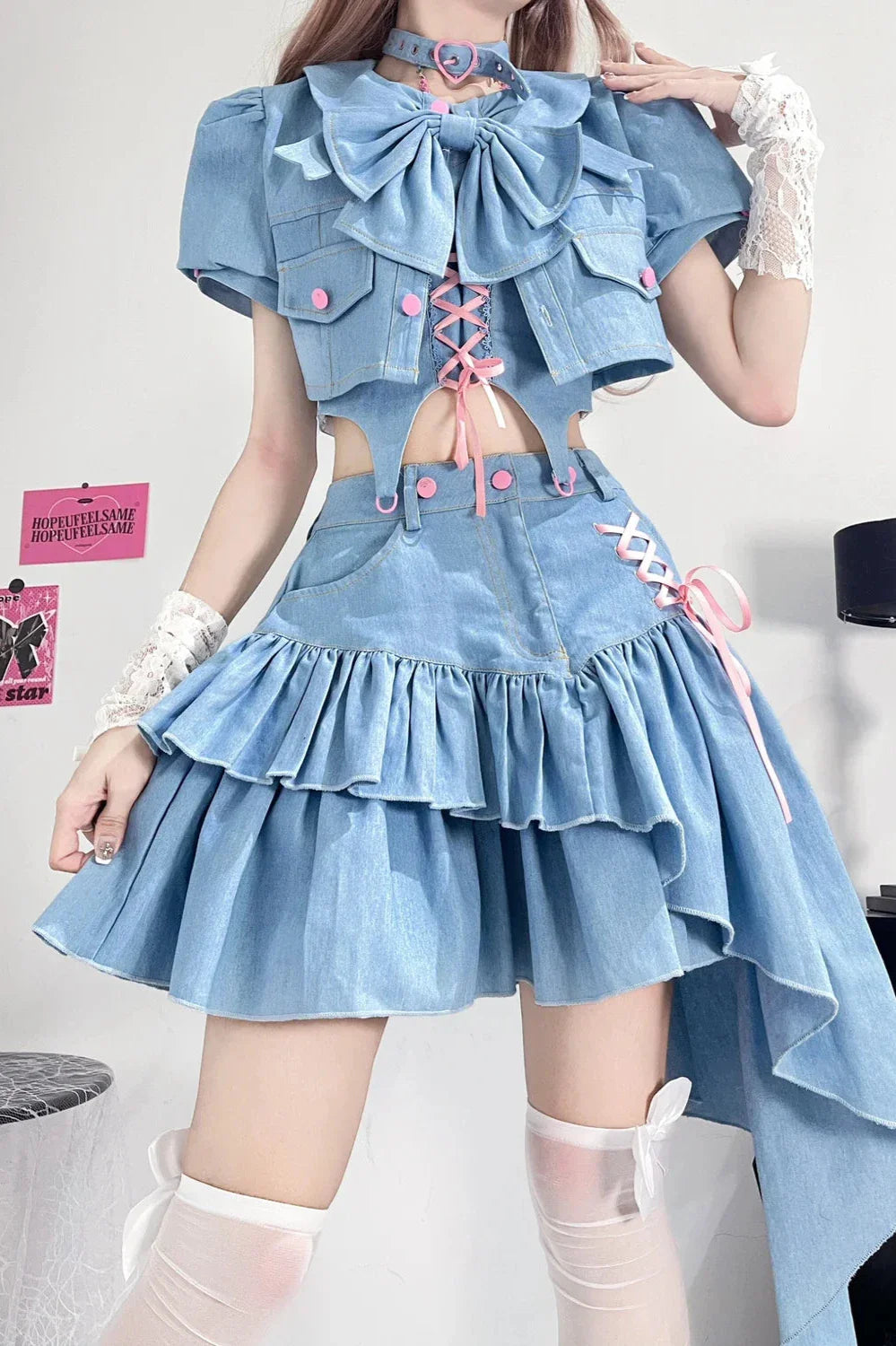 Cute Korean Denim Outfit Set - Top & Skirt