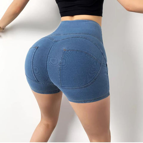 Pantalones cortos de yoga de cintura alta para mujer de tela vaquera