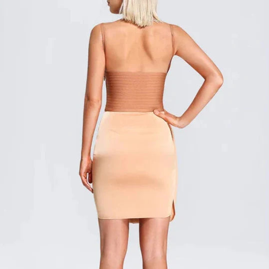 Primavera - Apricot Bandage & Satin Cut Out Dress
