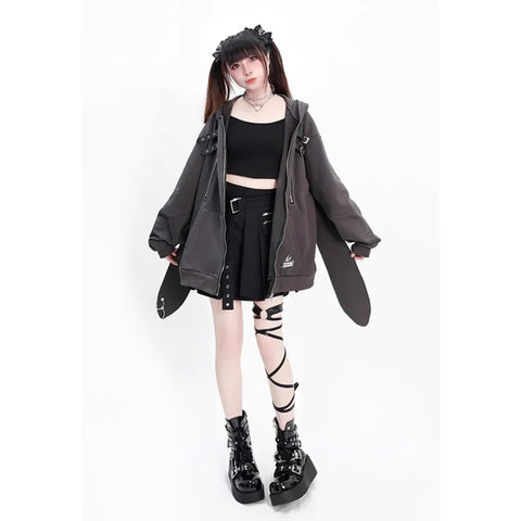 Harajuku Hasenohren Reißverschluss Hoodie