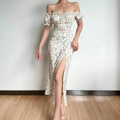 Lia - Off The Shoulder Floral Print High Split Dress