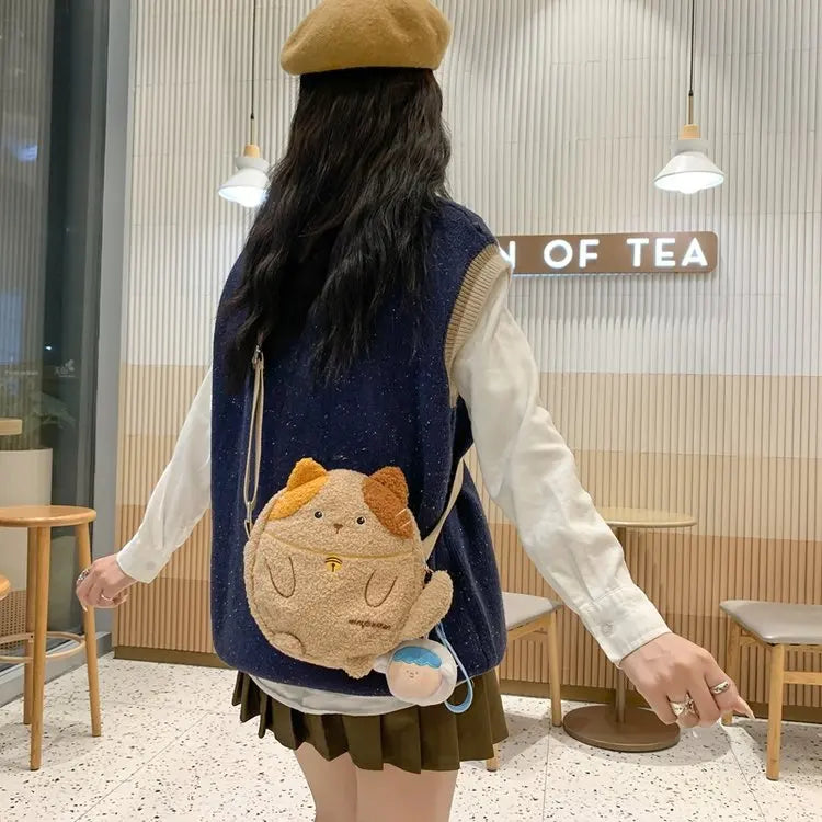 Bolso de hombro con forma de gato de peluche kawaii