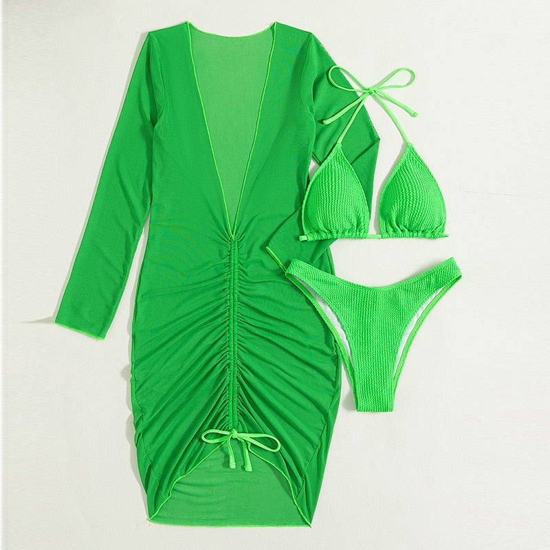 Green Three Piece Bikini With Cover Up