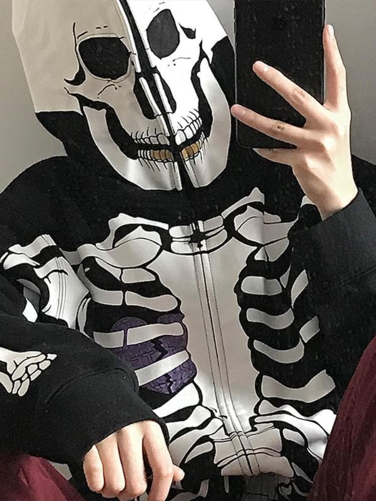 Sudadera con capucha y cremallera con calavera gótica Y2K