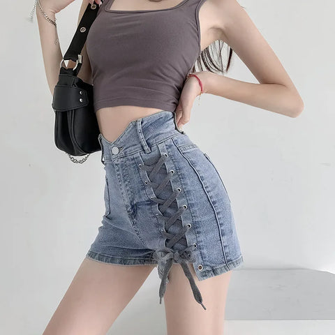 Koreanische Jeansshorts mit hoher Taille