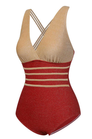 RED STRIPE PATCHWORK ONE-PIECE SWIMSUIT