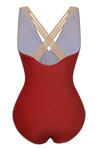 RED STRIPE PATCHWORK ONE-PIECE SWIMSUIT