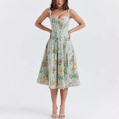 Valencia - Green Floral Print Lace Up A-Line Dress