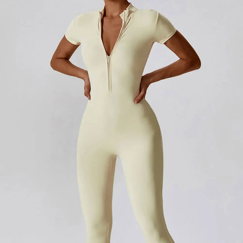 Joyce - Short Sleeve Mock Neck Active Zipper Jumpsuit