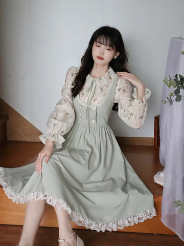 Elegantes Vintage Outfit Set - Kleid &amp; Bluse