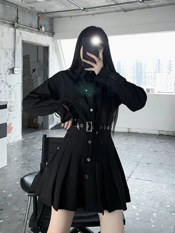 Koreanisches Gothic-Plissee-Hemdkleid 