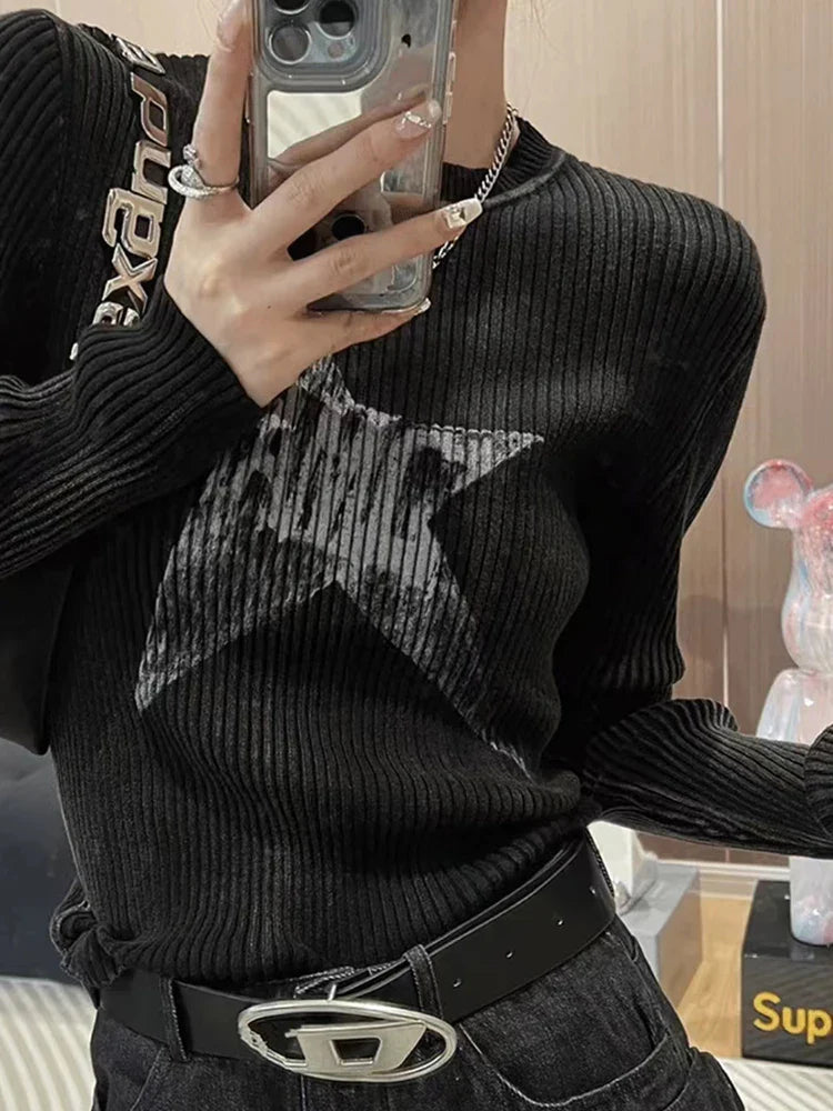 Grunge gestreifter Pullover mit Rundhalsausschnitt