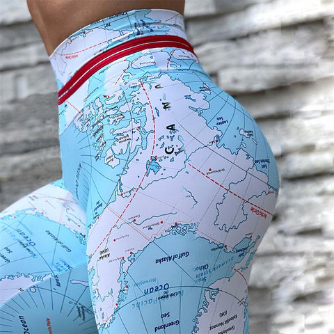 Leggings de yoga y fitness de cintura alta con estampado de mapas en 3D para mujer