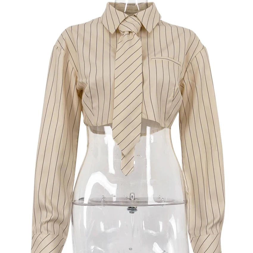 Berlin - Beige Pinstripe Crop Top With Tie