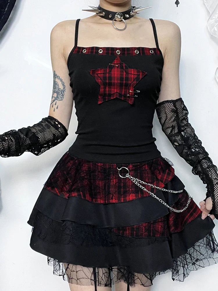 Y2K Rotes kariertes Gothic-Kleid 