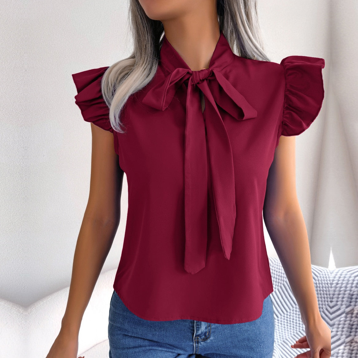 Britney - Burgundy Ruffle Cap Sleeves Tie Neck Top