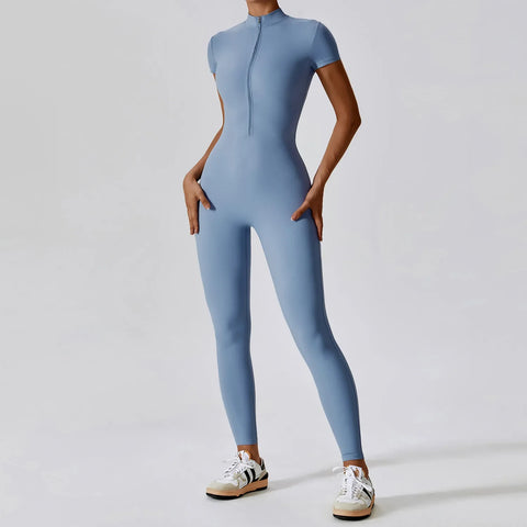 Joyce - Short Sleeve Mock Neck Active Zipper Jumpsuit