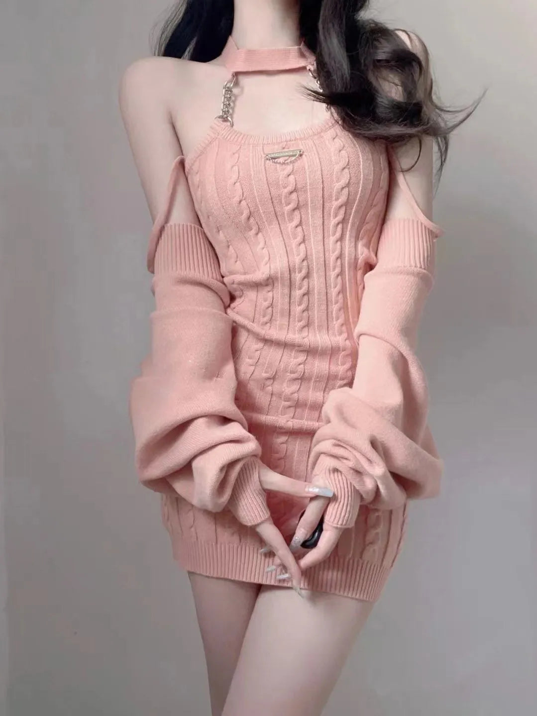 Ulzzang-Mädchen-Set aus Kleid und Strickjacke