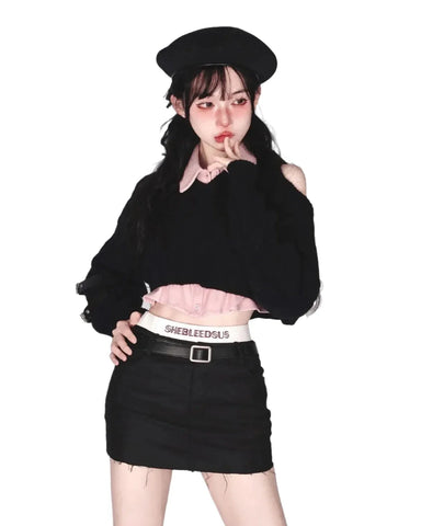 Cute Korean Preppy Outfit Set - 2-Piece Sweater & Skirt