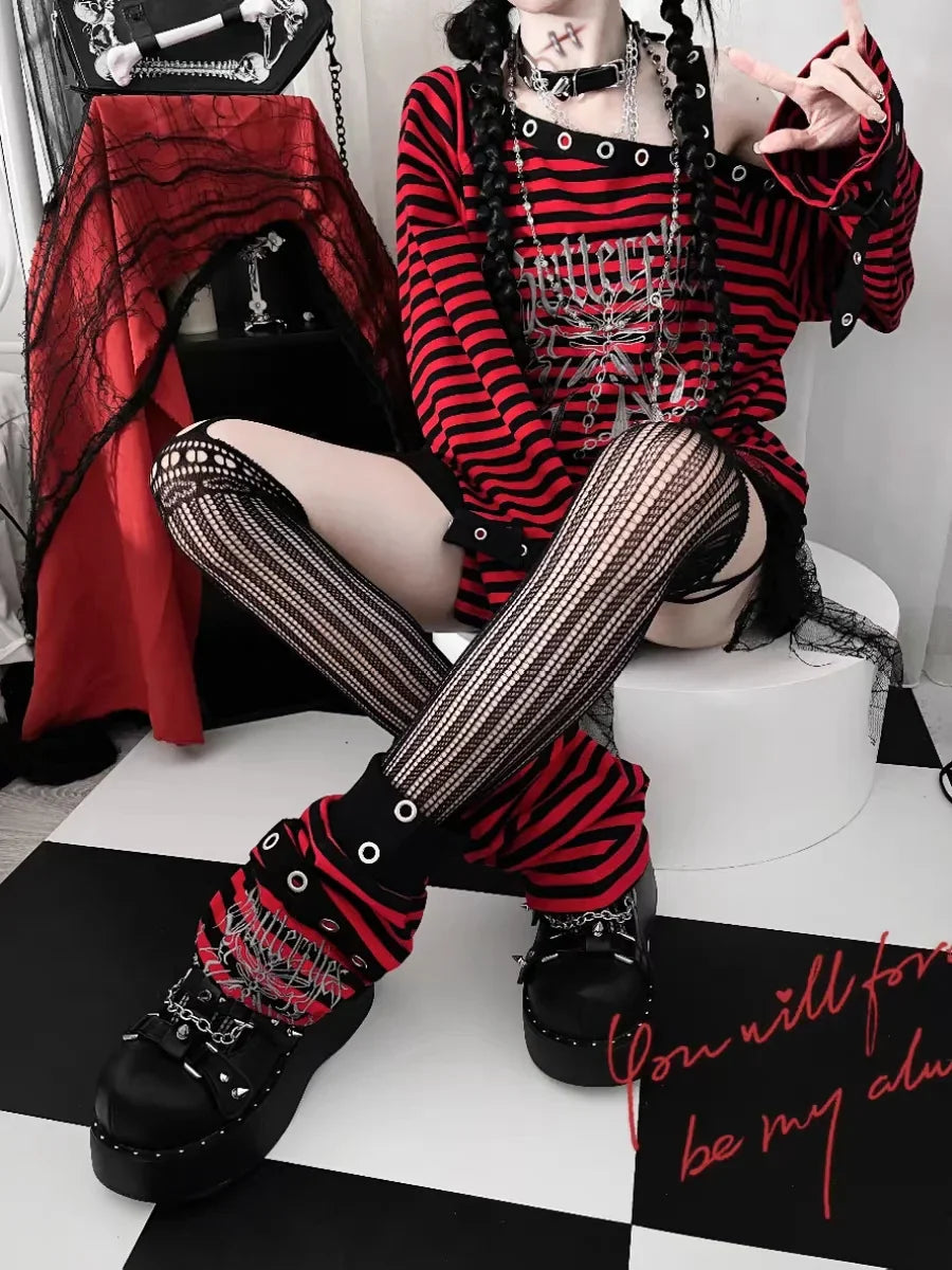 Top y calentadores de piernas a rayas estilo punk de Harajuku