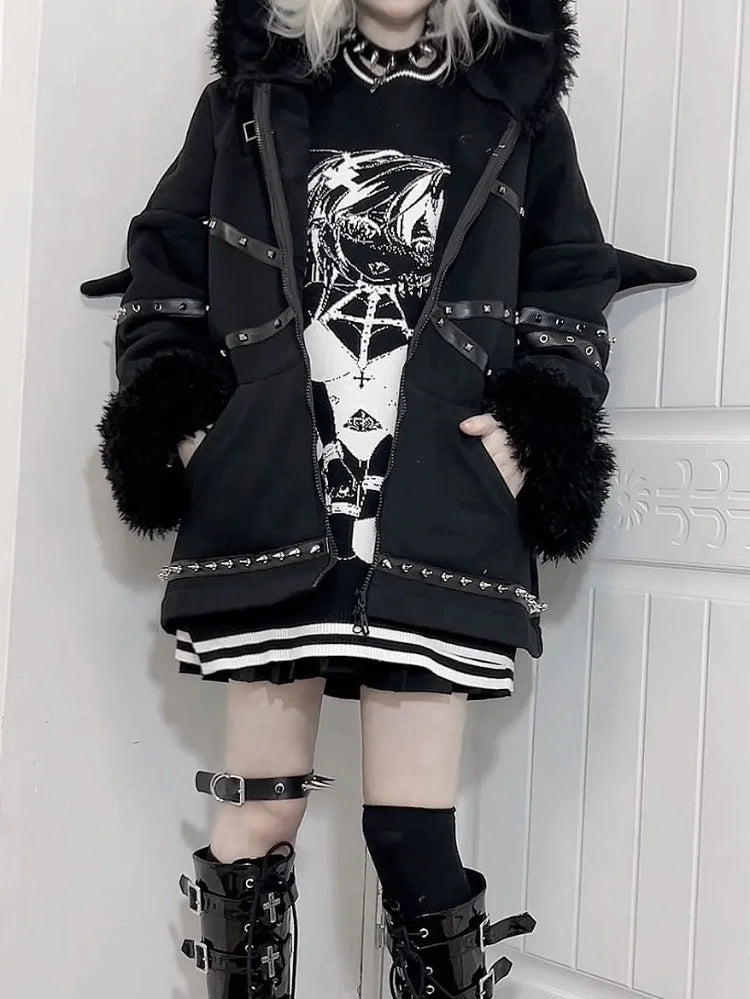 Sudadera con capucha emo de Harajuku con orejas y alas de murciélago