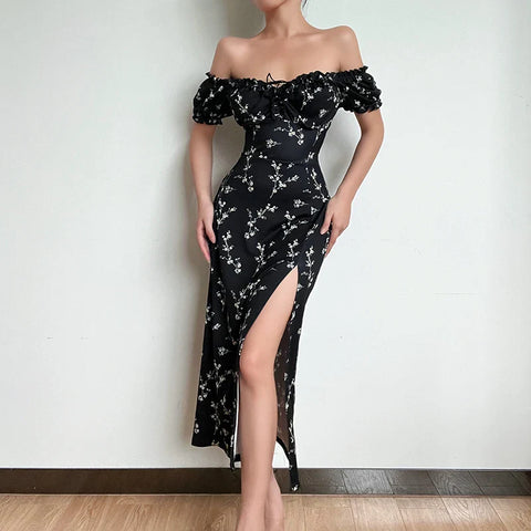 Lia - Off The Shoulder Floral Print High Split Dress