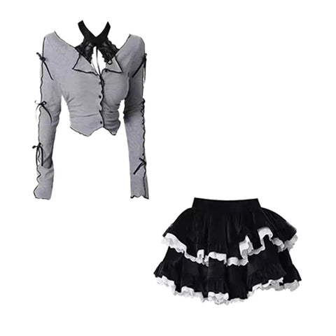 Kawaii Gothic Warmes Outfit-Set – Strickjacke und Minirock