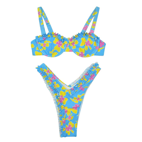 Top de bikini con aros y diseño balconette con volantes y estampado floral de colores azules