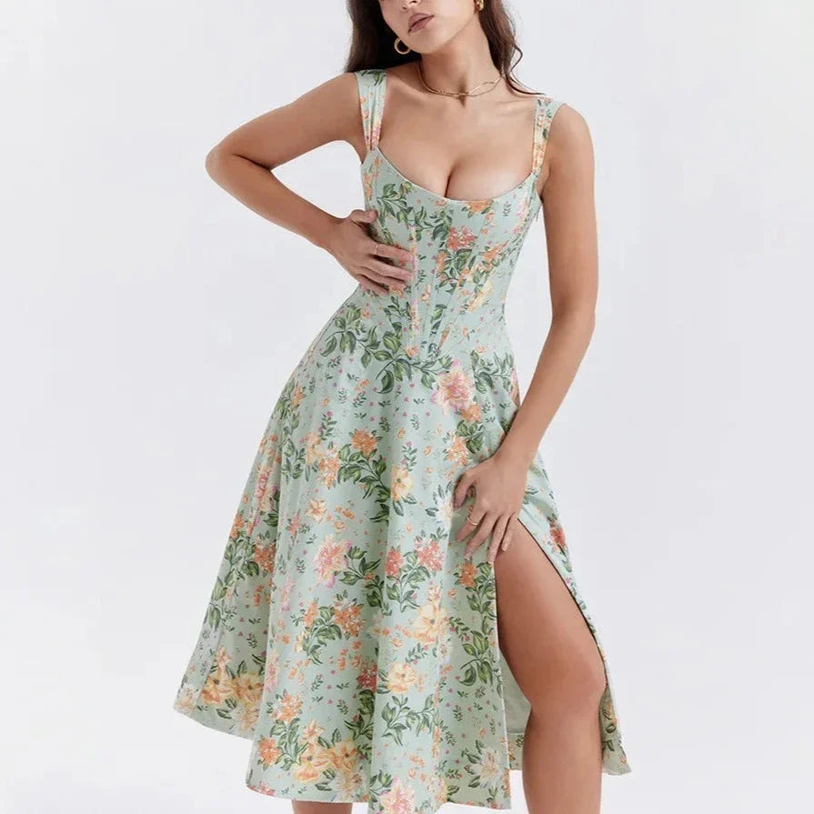 Valencia - Green Floral Print Lace Up A-Line Dress