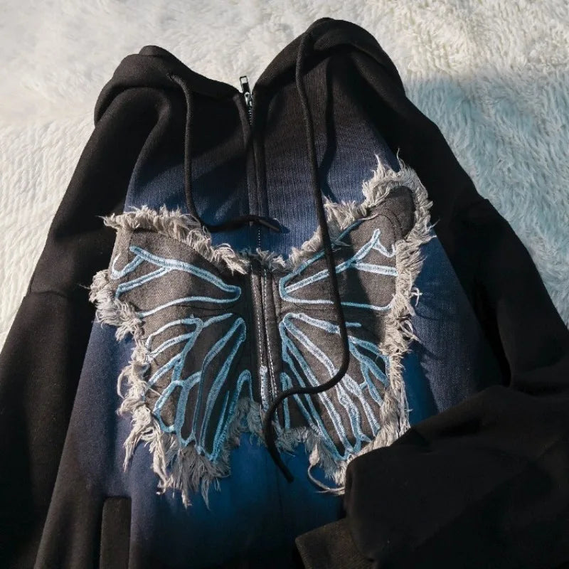 Sudadera con capucha y diseño de mariposa grunge Y2K