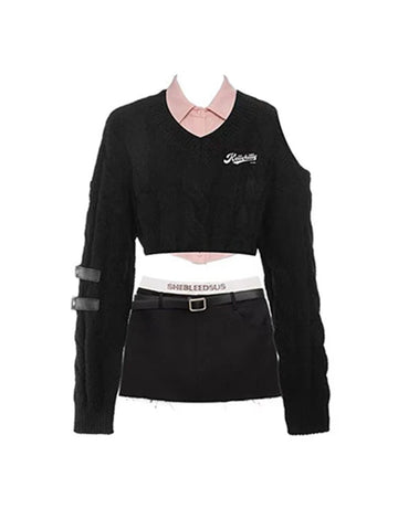 Cute Korean Preppy Outfit Set - 2-Piece Sweater & Skirt