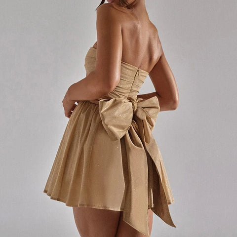 Georgianna - Beige Mesh Strapless Sparkle Mini Dress