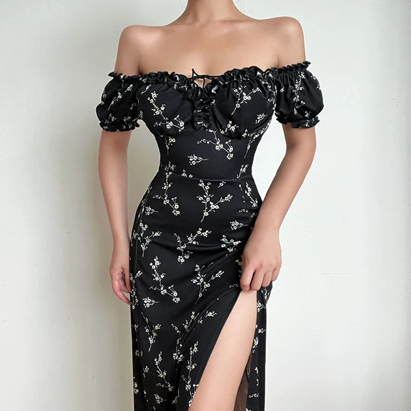 Lia - Off The Shoulder Floral Print High Split Dress