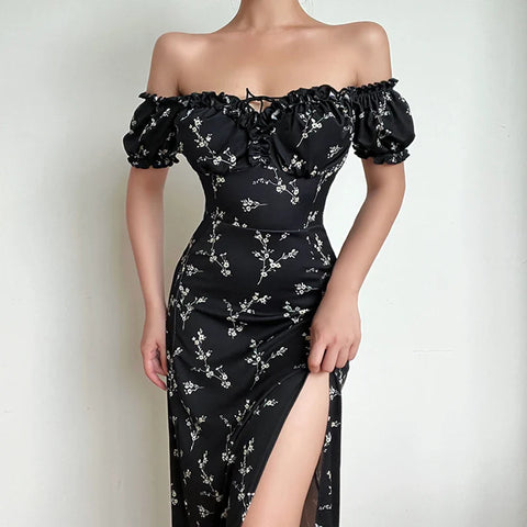 Lia - Off The Shoulder Floral Print High Split Dress