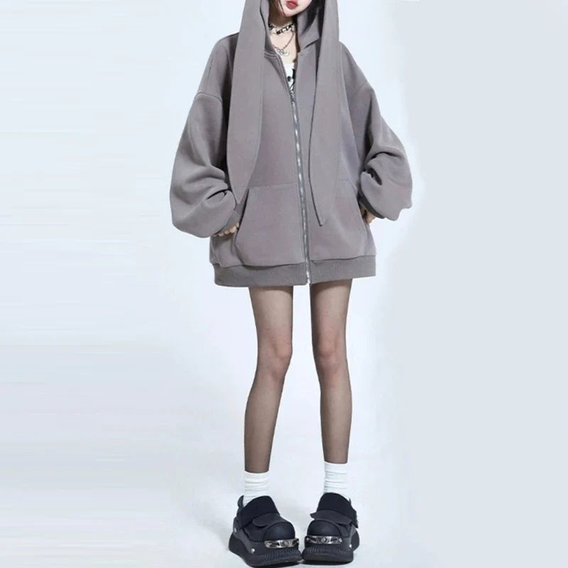 Cute Harajuku Rabbit Ears Zip Hoodie