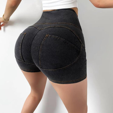 Pantalones cortos de yoga de cintura alta para mujer de tela vaquera