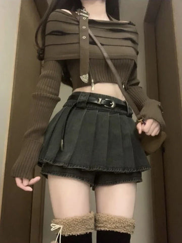 Conjunto de ropa Y2K: top de manga larga y minifalda