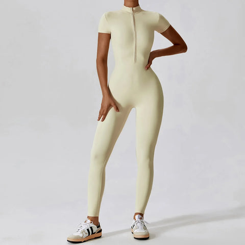 Joyce - Short Sleeve Mock Neck Active Zipper Jumpsuit