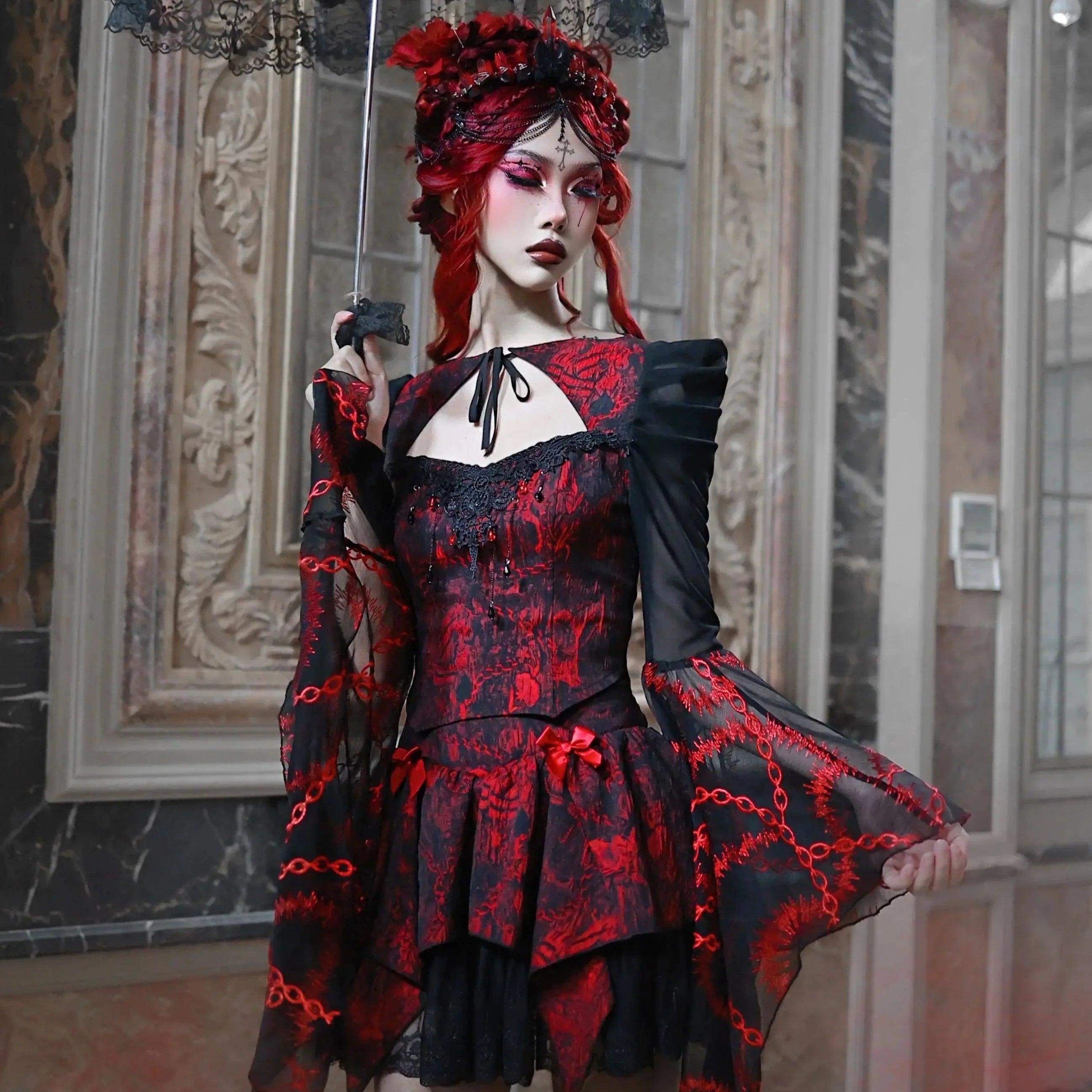 Rotes Gothic Outfit Set - Bluse &amp; Rock